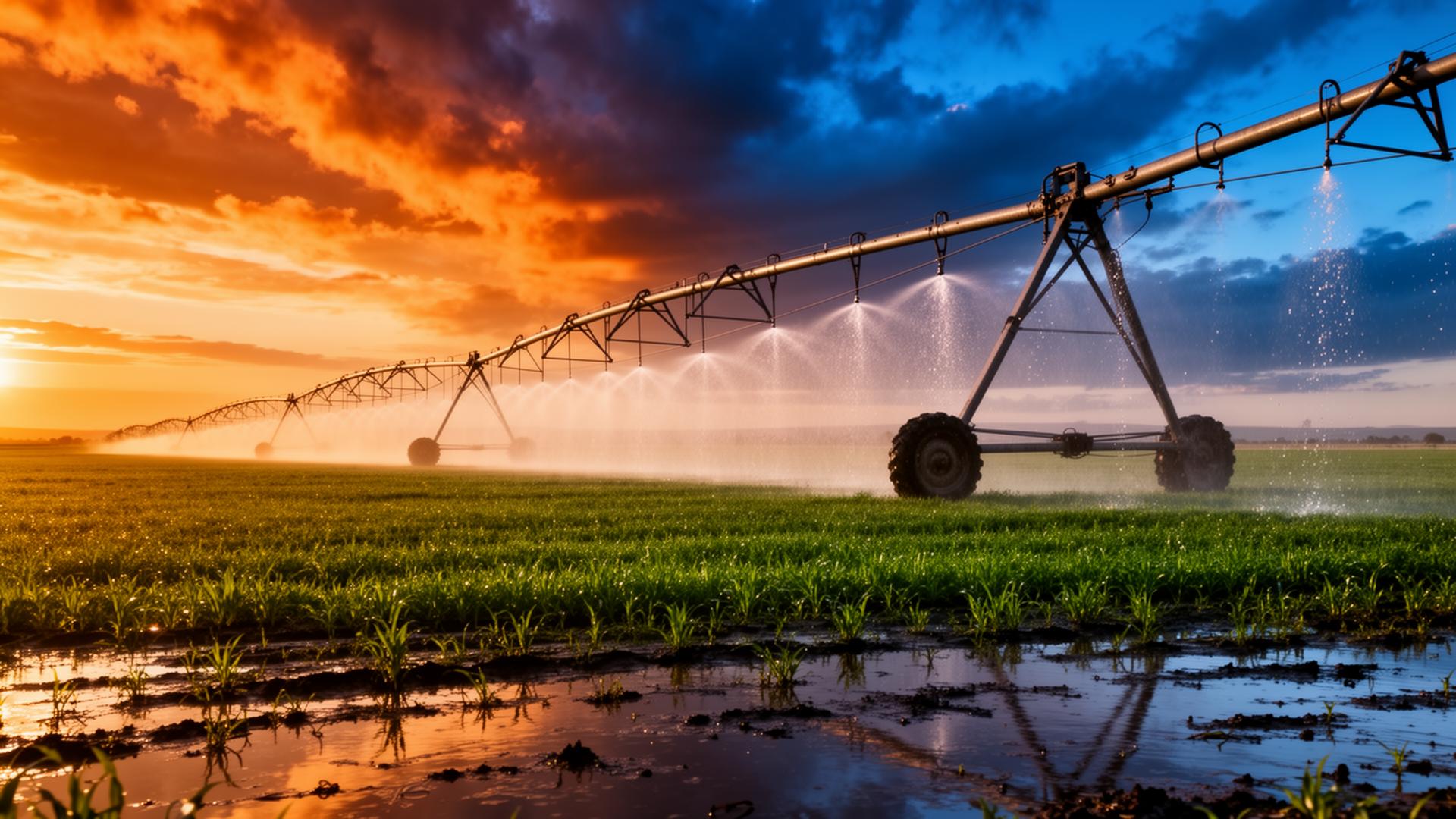 Pivot irrigation system spraying water across a field at sunset