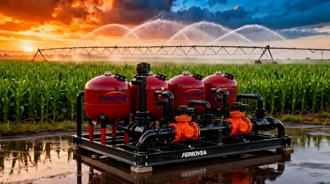 FERROVEA red epoxy irrigation filtration skid in a green cornfield with a pivot irrigation system at sunset