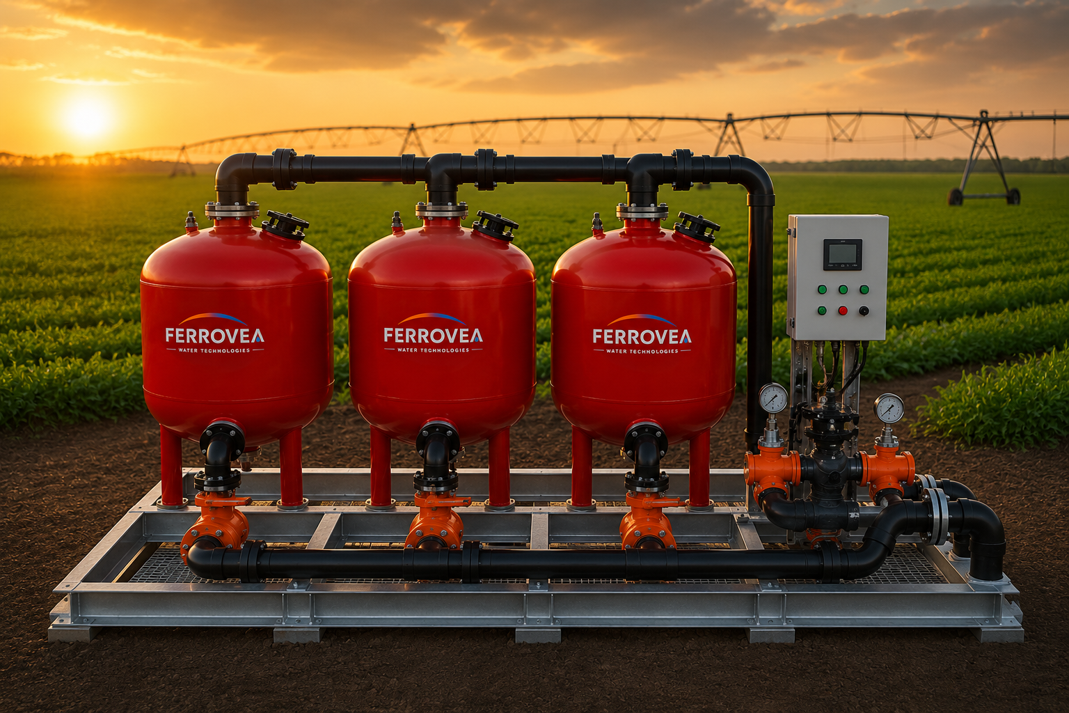 FERROVEA red epoxy filtration vessels with black piping and orange valves on an industrial skid in front of pivot irrigation
