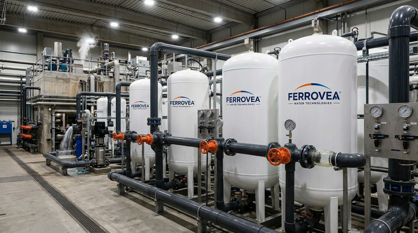 FERROVEA white branded filter vessels with orange valves and black piping