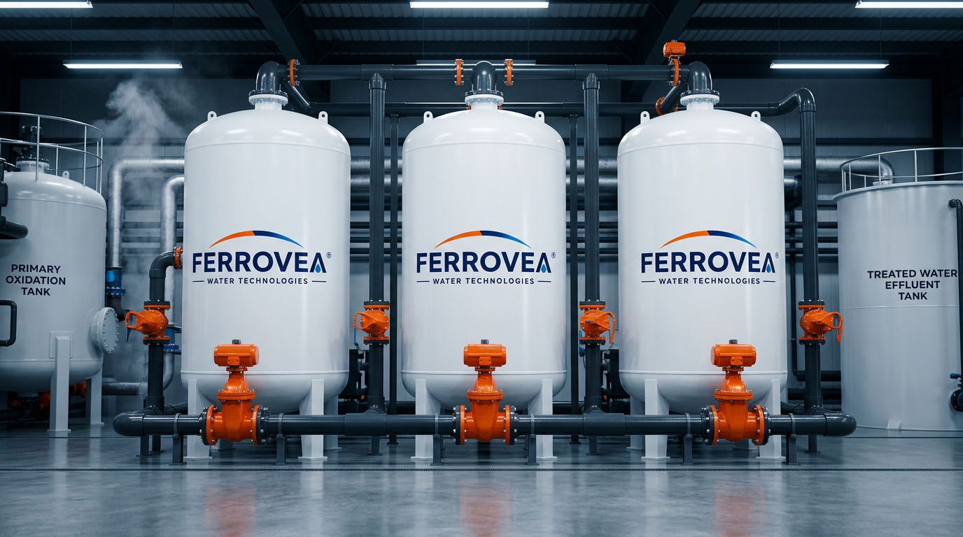 FERROVEA municipal treatment plant with white branded filter vessels and orange valves