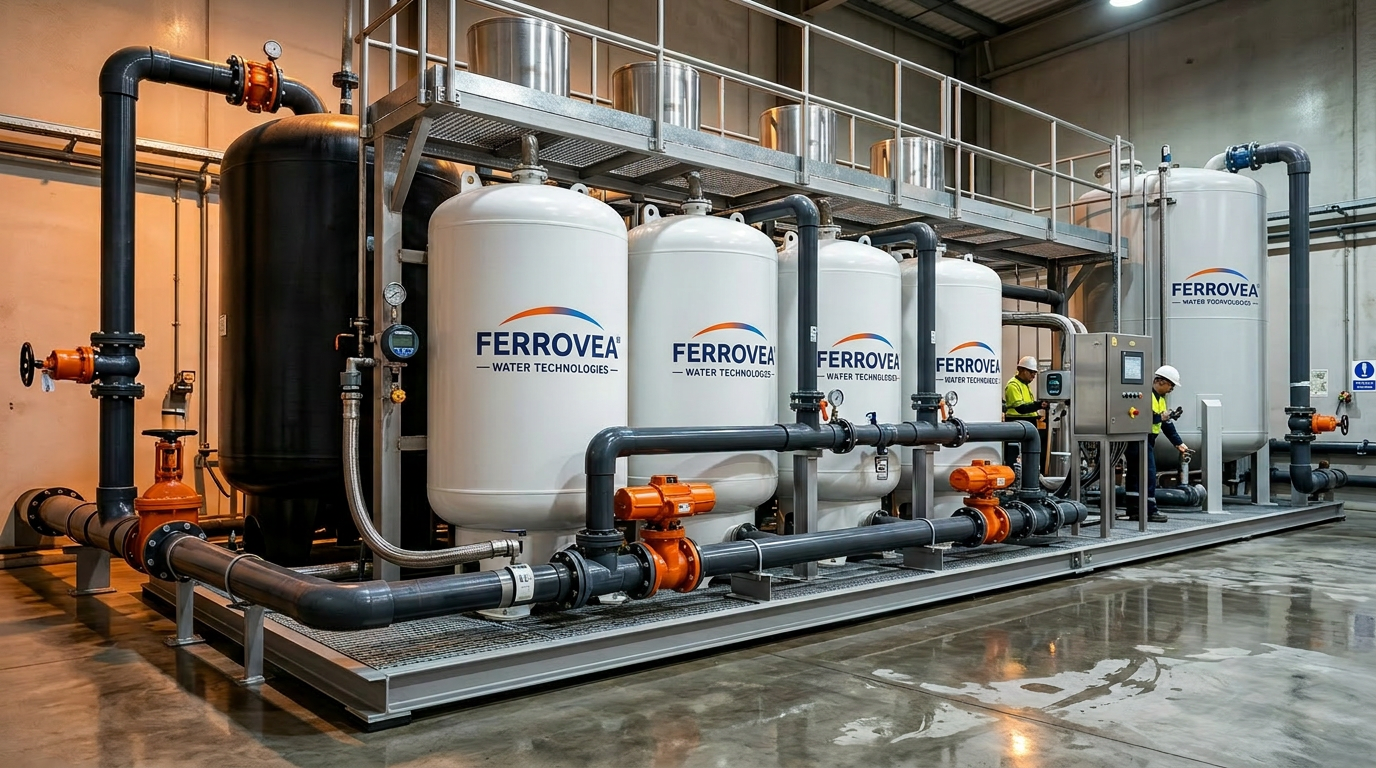 Compact FERROVEA modular new plant with white branded skids, orange valves and black piping